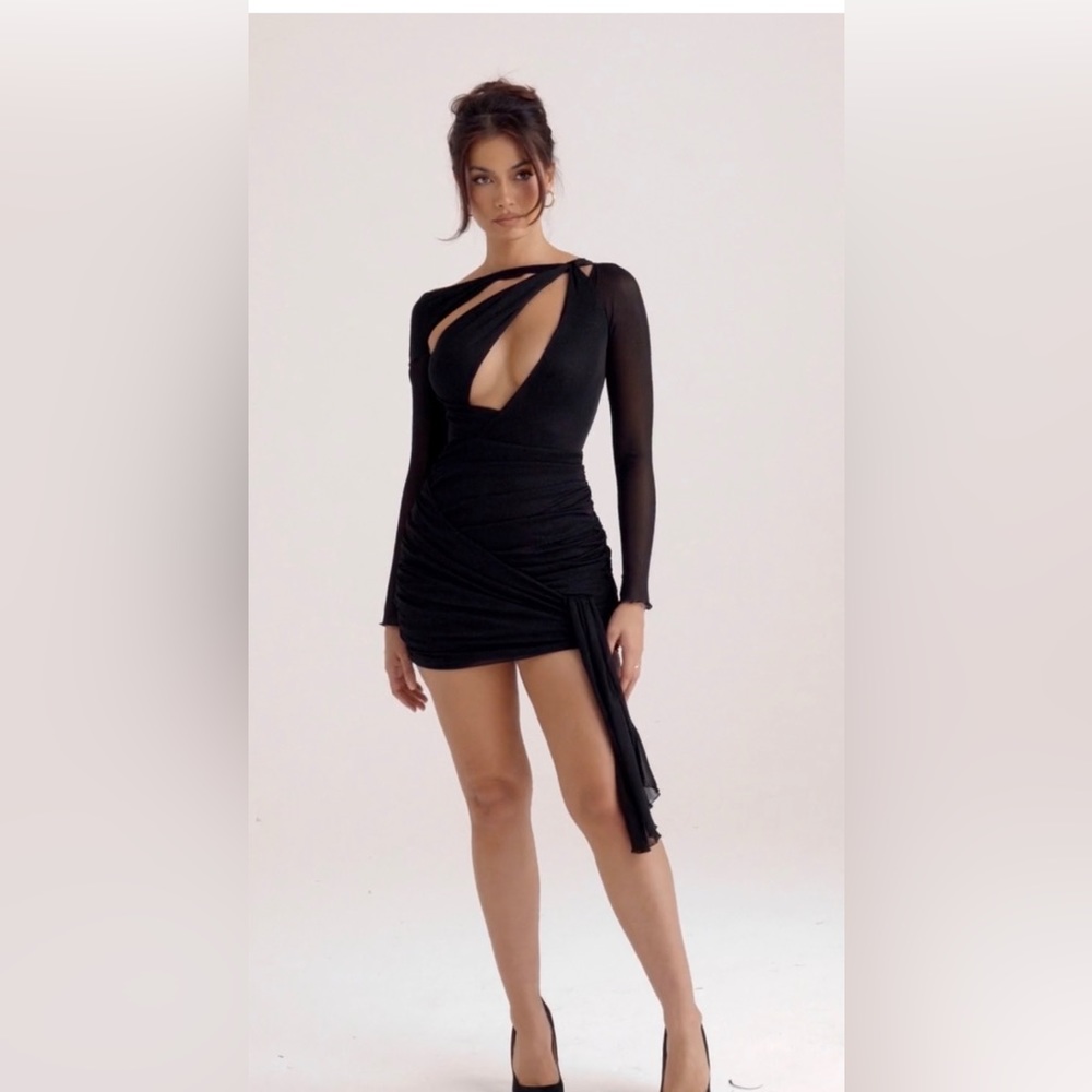 BLACK GLITTER CUTOUT MINI DRESS